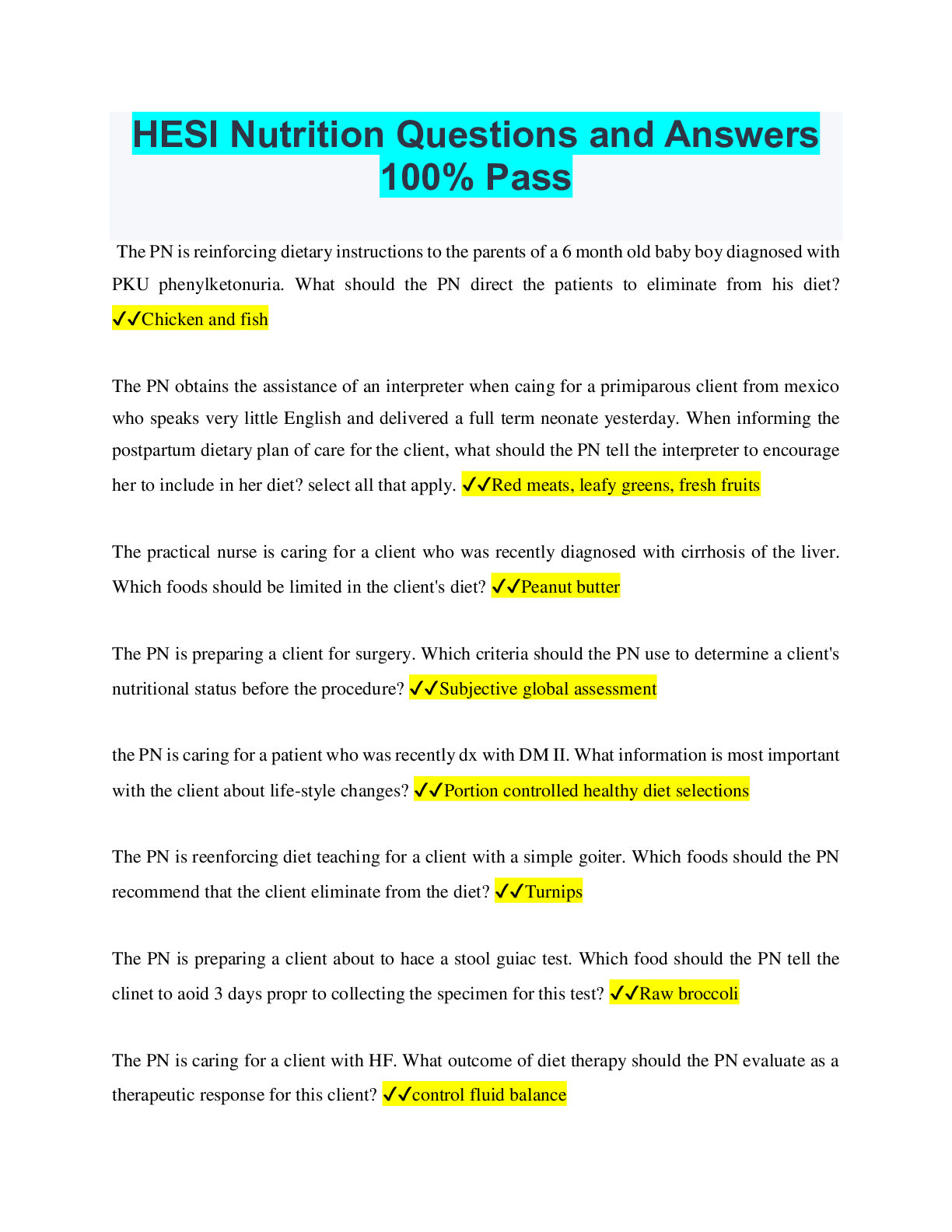 HESI Nutrition Questions and Answers 100 Pass Browsegrades